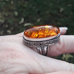 Amber Silver Statement Ring. Size 7.75